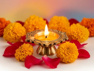 Diya and Flowers