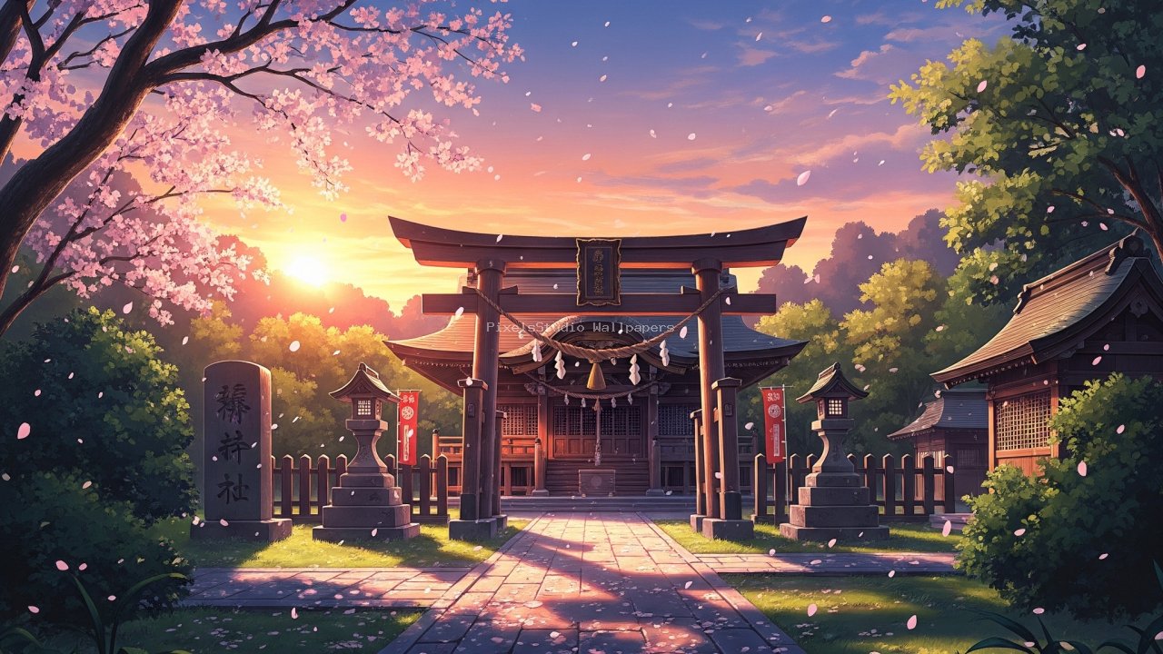 Preview of Peaceful Shrine at Sunset – Anime 4K Wallpaper