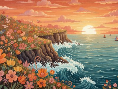 Whimsical Seaside Cliff Mural